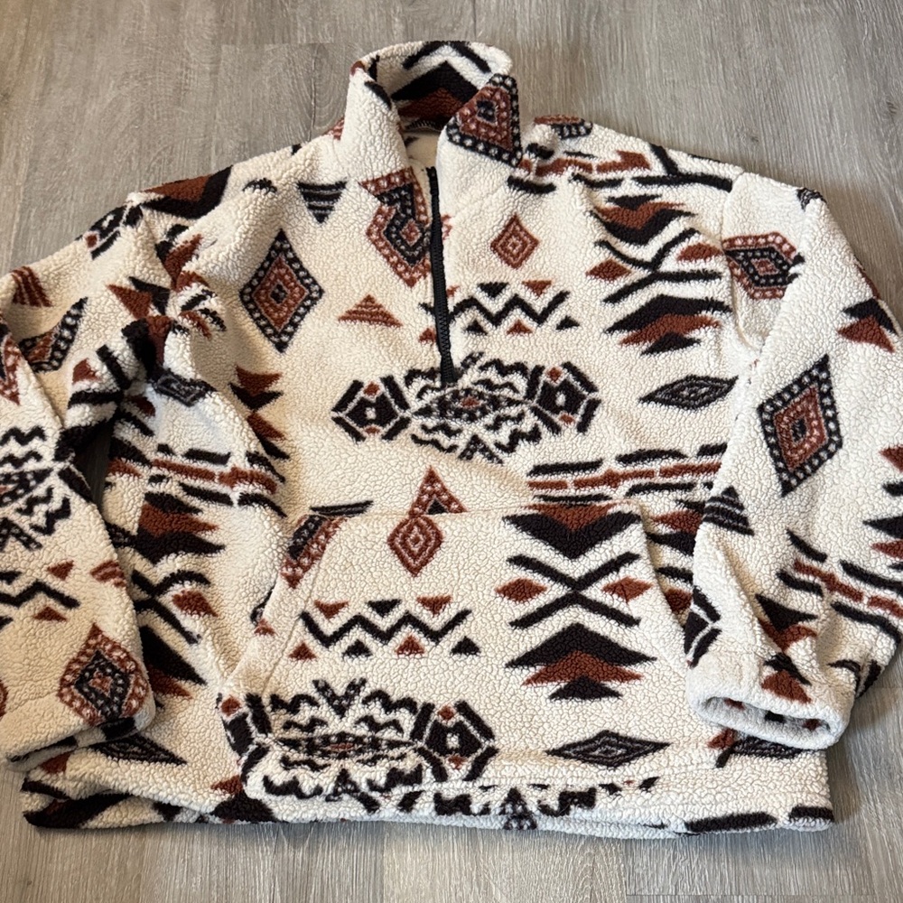 Cream Aztec Sherpa Quarter-Zip Pullover Sweater